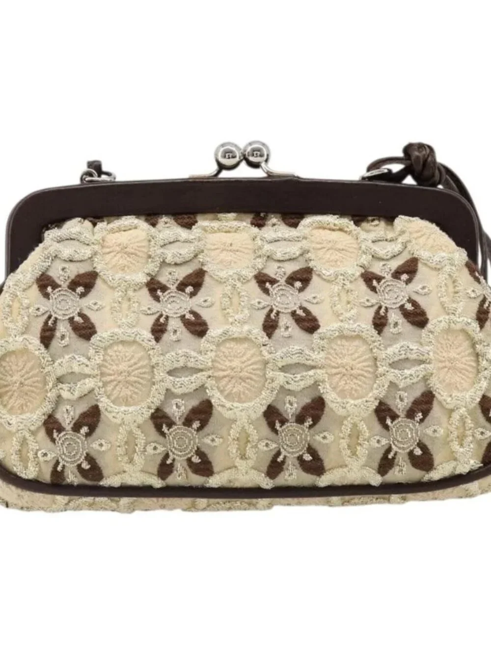 PRADA Coin Purse Shoulder Pouch Canvas Beige Silver Auth 185760SAV